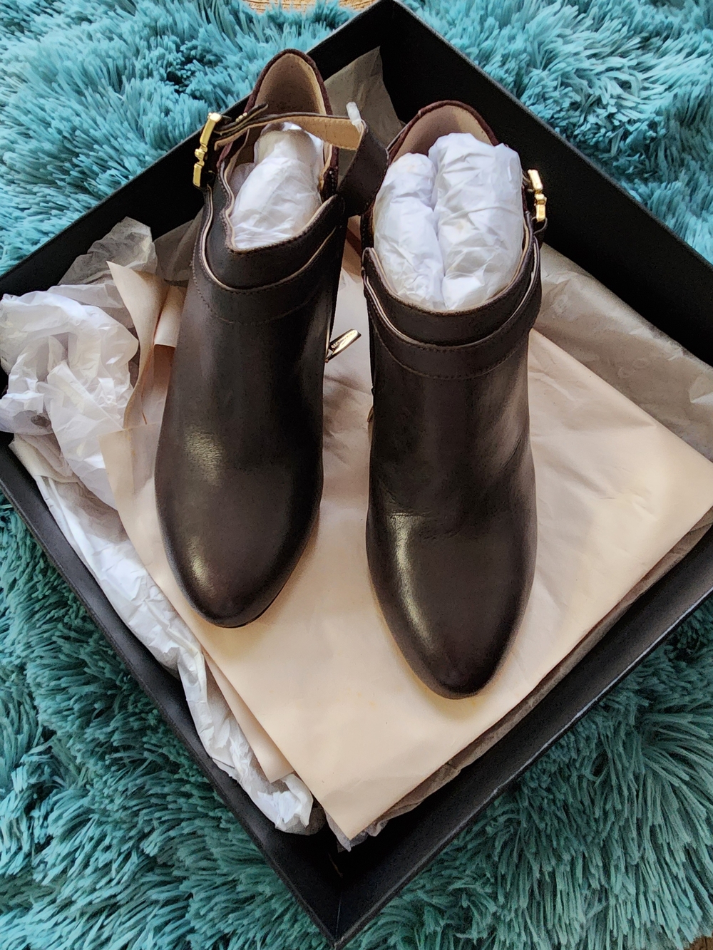 Vince Camuto Dark Brown Leather Ankle Booties with Gold Buckle